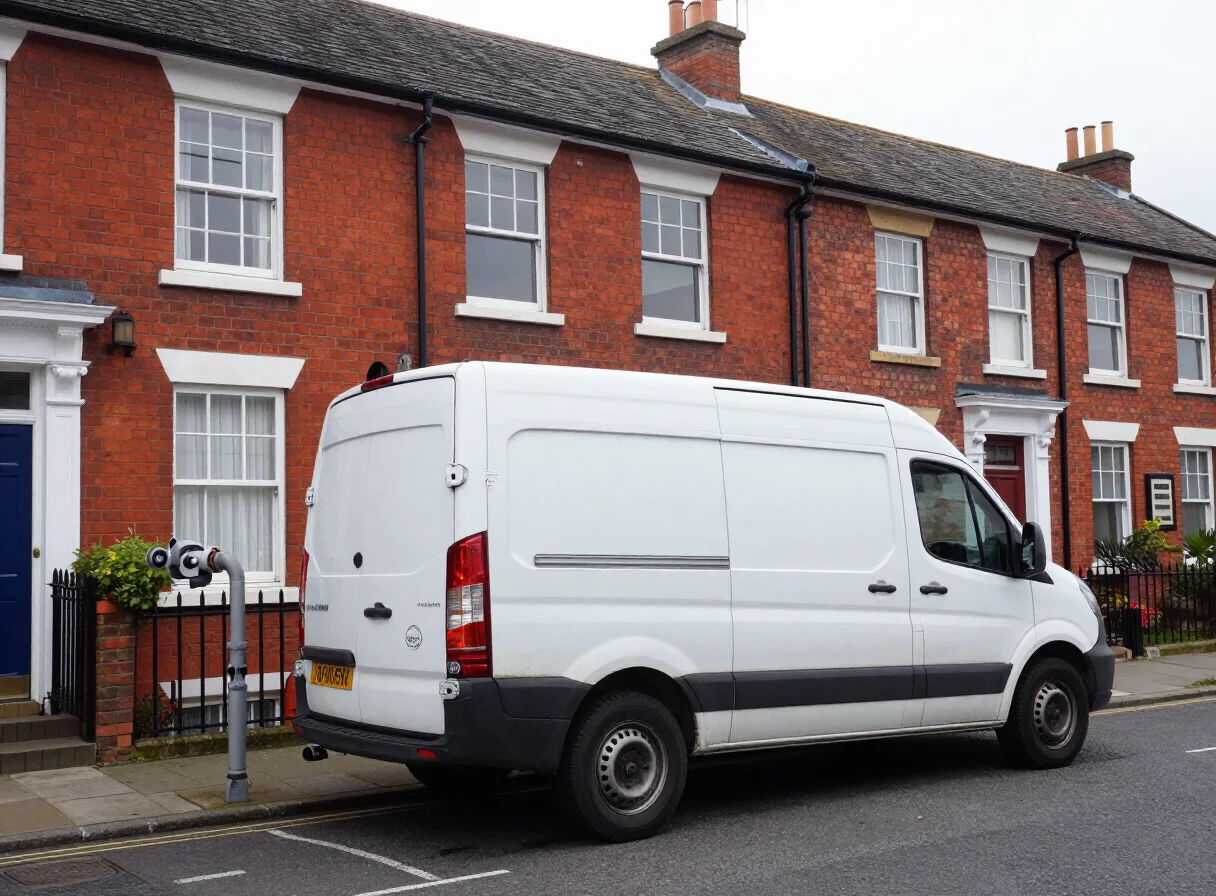Plumbing service van on a residential street